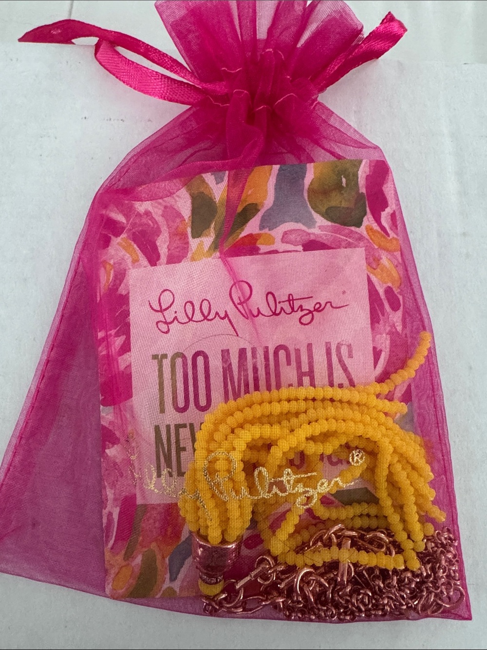 Lilly Pulitzer Yellow Beaded Necklace Set with Pink Organza Pouch